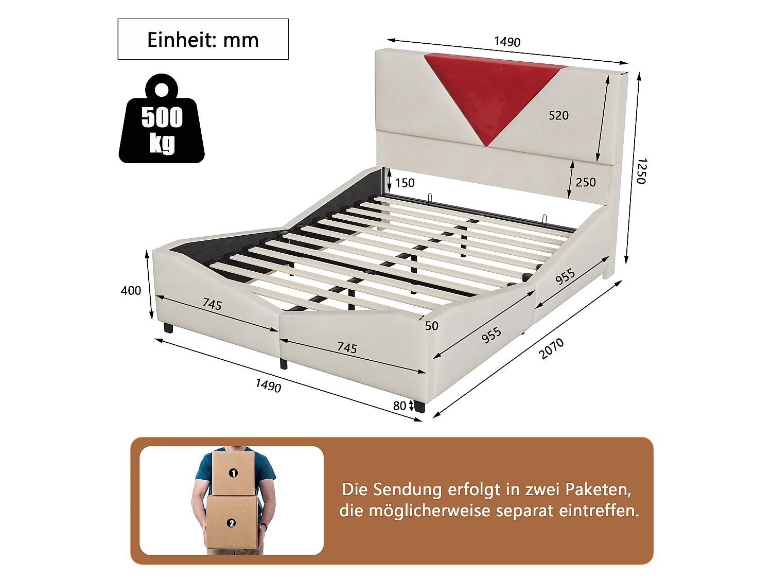 Lit coffre 140 x 190 cm avec rangement hydraulique – Éclairage LED et revêtement en velours blanc cassé – POCKETPOP