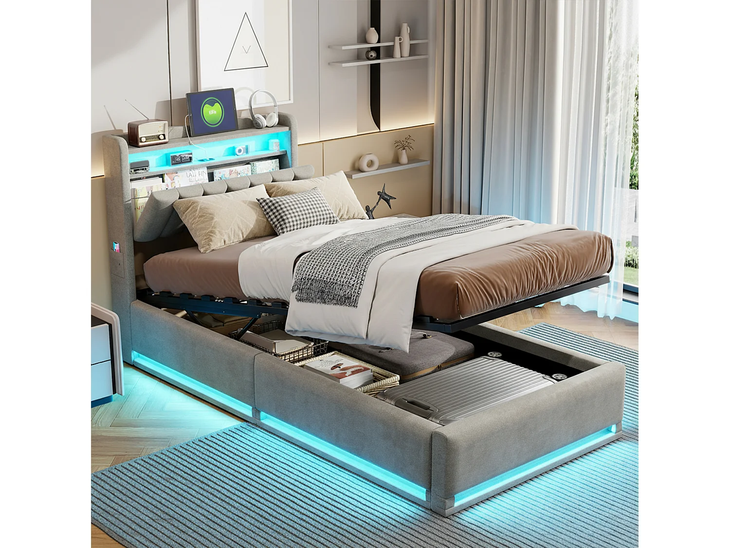 Lit coffre 90 x 200cm avec coffre de rangement Sommier à lattes, USB et LED, Lit simple avec espace de rangement, Gris