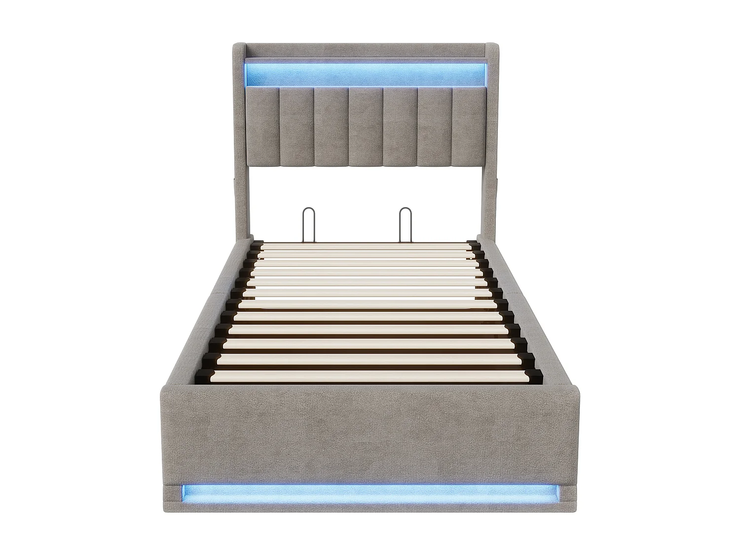 Lit coffre 90 x 200cm avec coffre de rangement Sommier à lattes, USB et LED, Lit simple avec espace de rangement, Gris