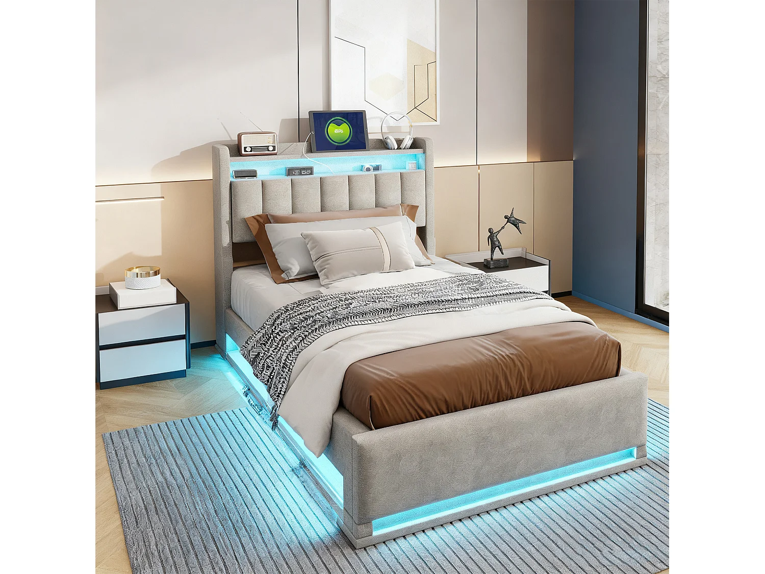 Lit coffre 90 x 200cm avec coffre de rangement Sommier à lattes, USB et LED, Lit simple avec espace de rangement, Gris