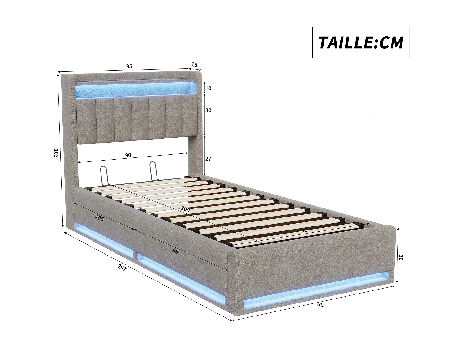 Lit coffre 90 x 200cm avec coffre de rangement Sommier à lattes, USB et LED, Lit simple avec espace de rangement, Gris