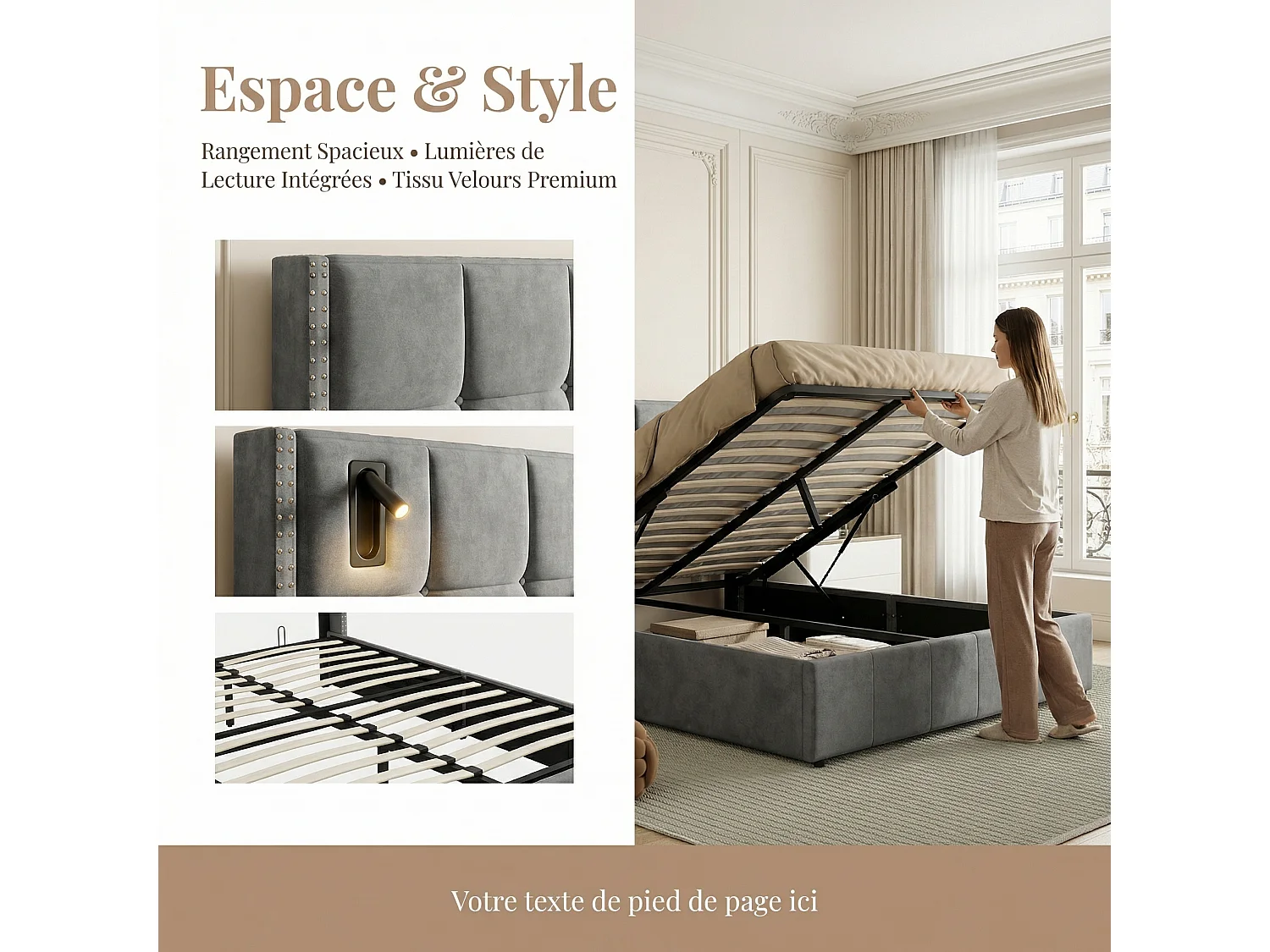 Lit coffre hydraulique 140x190 cm avec deux lampes de lecture et clous décoratifs cuivrés, revêtement en velours gris
