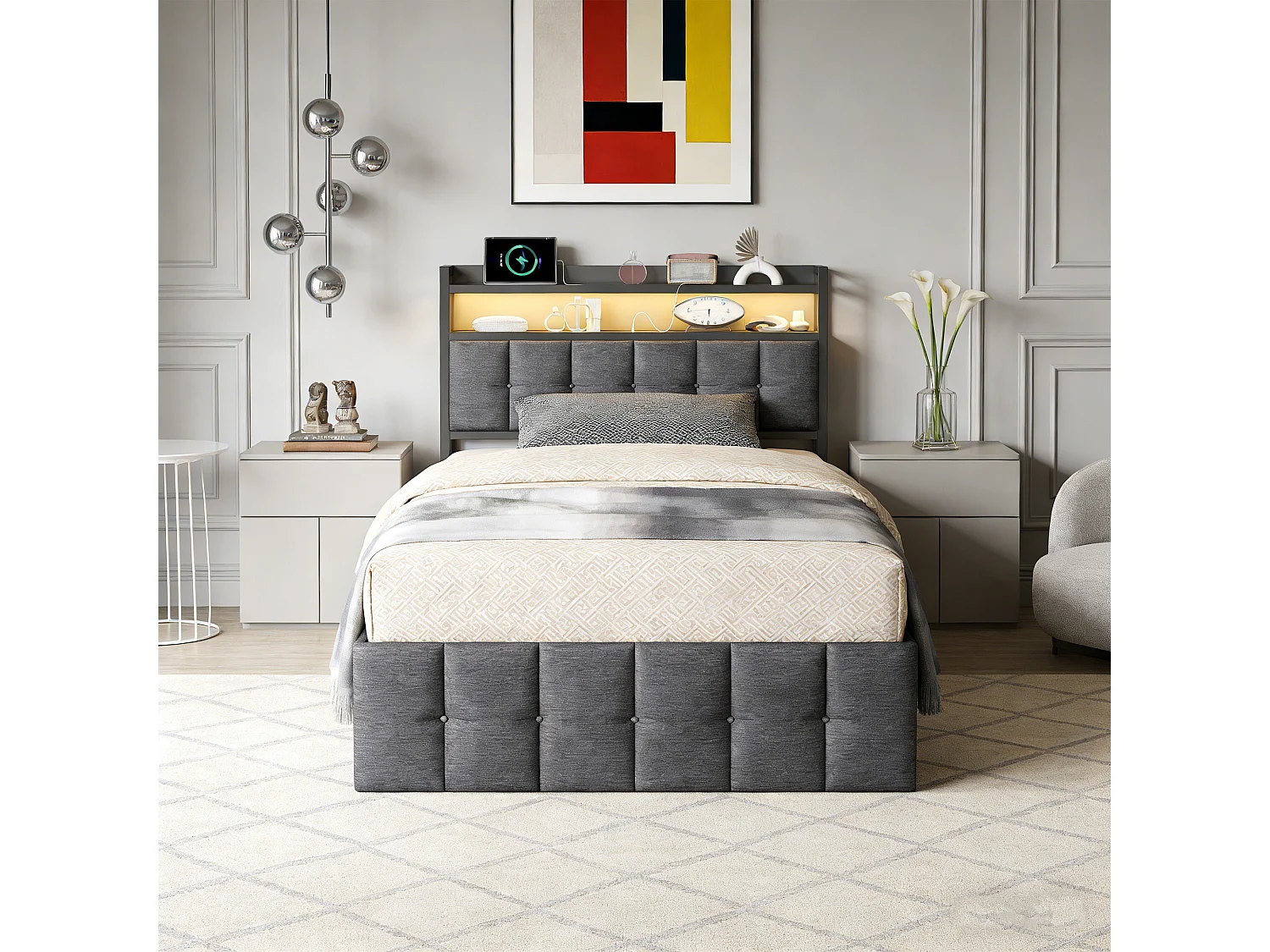 Lit coffre simple pour enfant 90 x 200cm avec coffre de rangement Sommier à lattes inclus, USB et LED, Gris