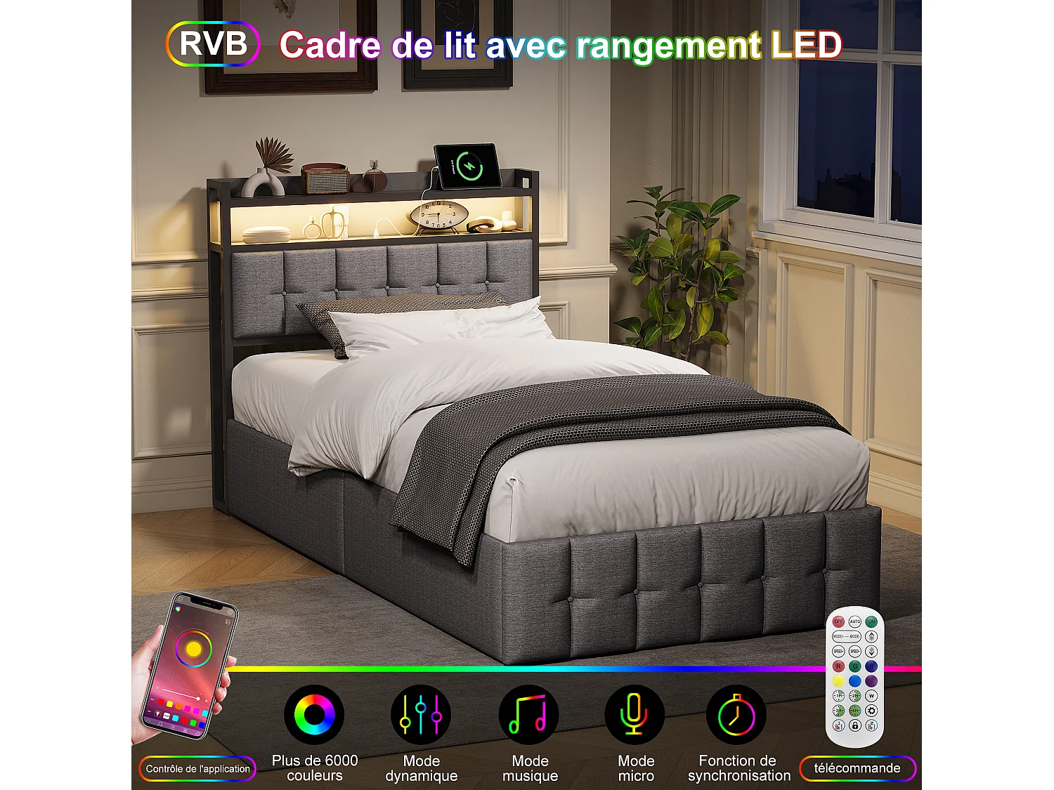 Lit coffre simple pour enfant 90 x 200cm avec coffre de rangement Sommier à lattes inclus, USB et LED, Gris