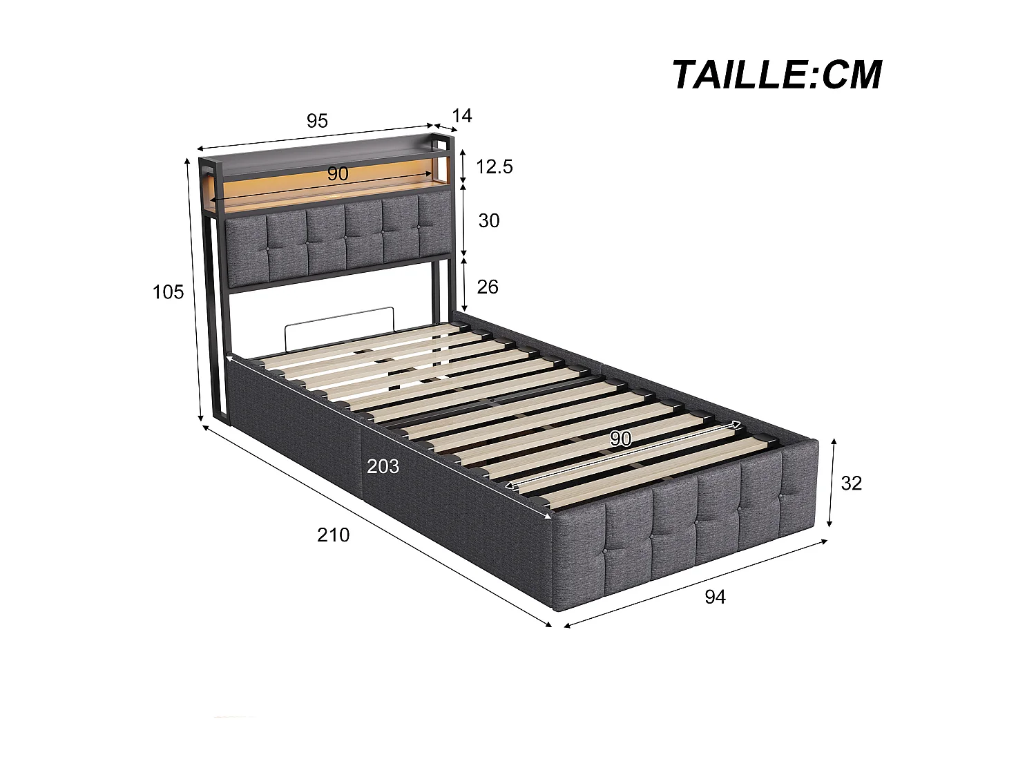 Lit coffre simple pour enfant 90 x 200cm avec coffre de rangement Sommier à lattes inclus, USB et LED, Gris