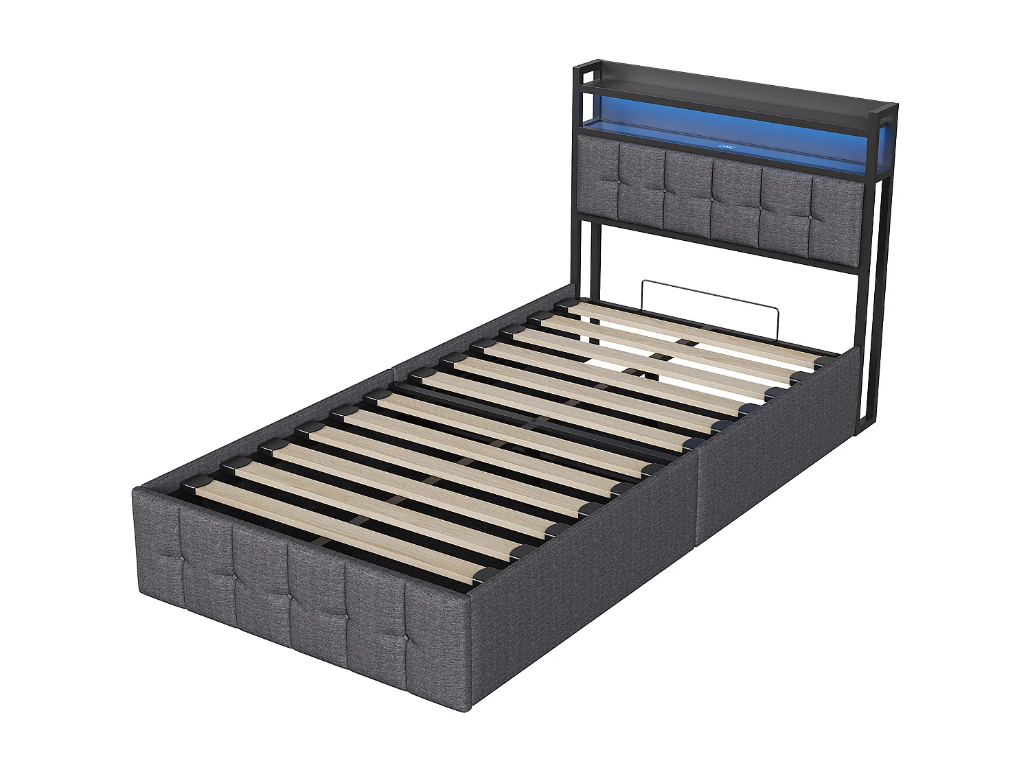 Lit coffre simple pour enfant 90 x 200cm avec coffre de rangement Sommier à lattes inclus, USB et LED, Gris