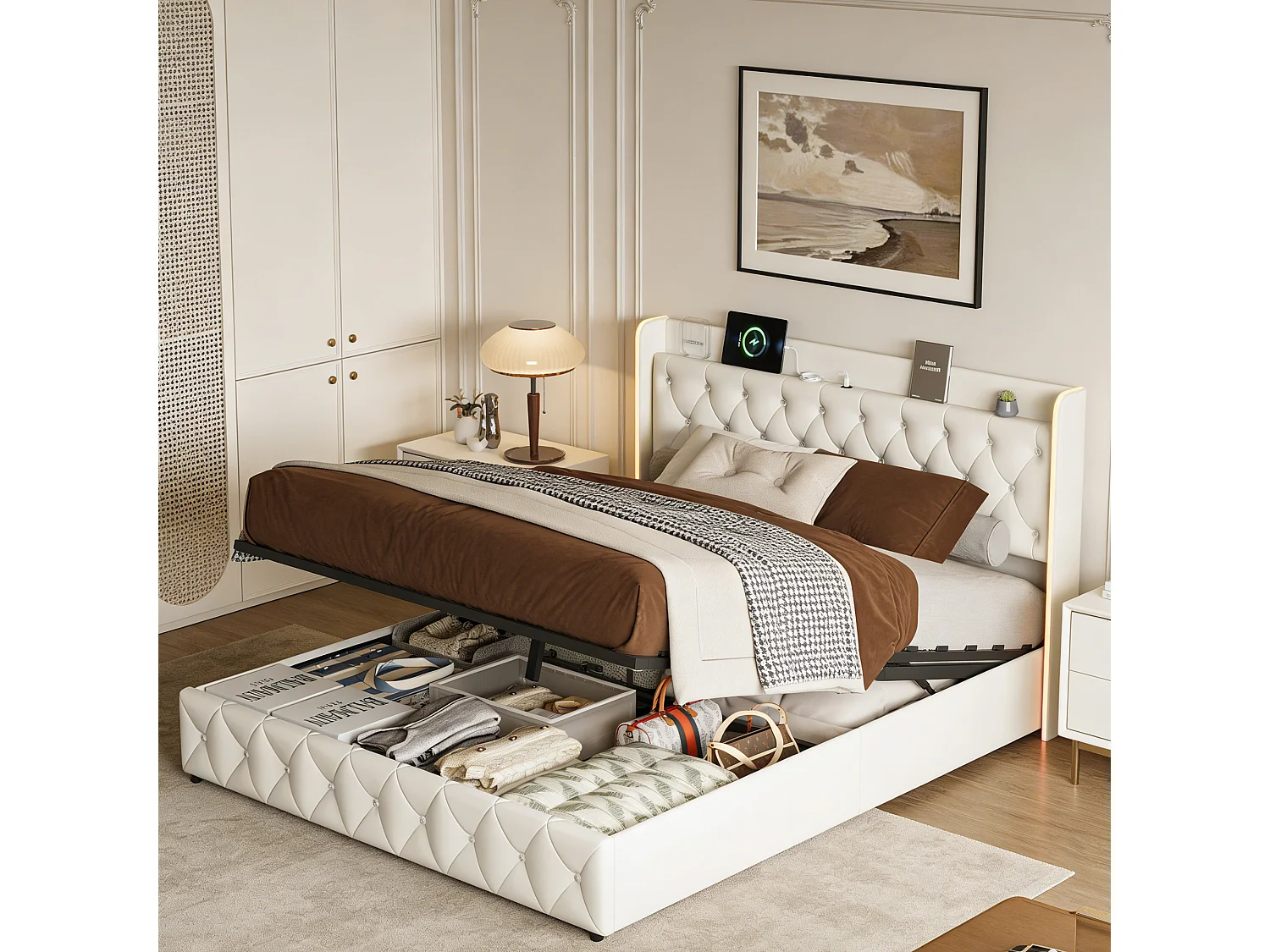 Lit coffre 140x190 cm - Lit adulte 140x190 cm avec sommier - Ports USB intégrés - Tissu velours - LED intégrée - 2 Places