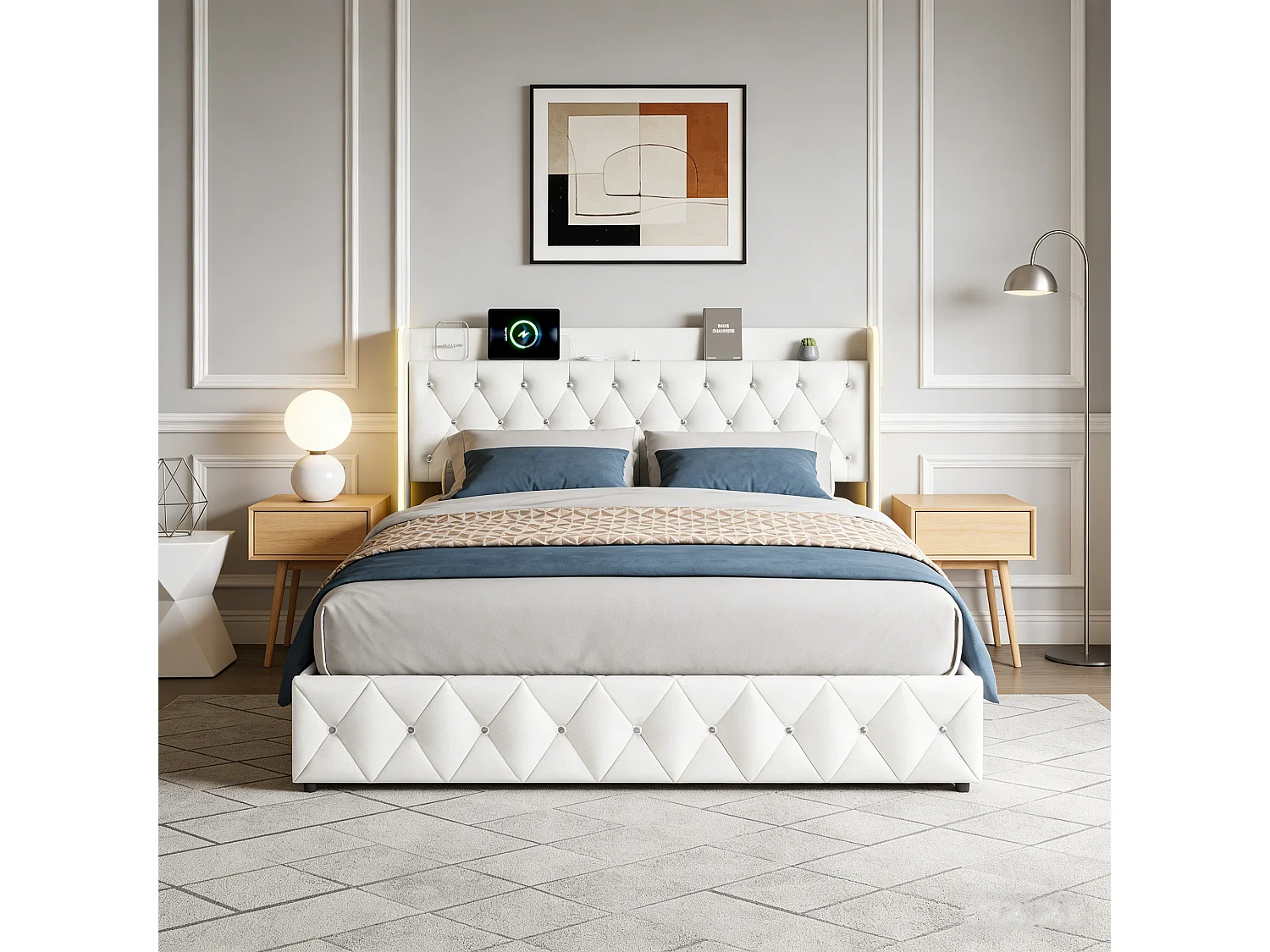 Lit coffre 140x190 cm - Lit adulte 140x190 cm avec sommier - Ports USB intégrés - Tissu velours - LED intégrée - 2 Places