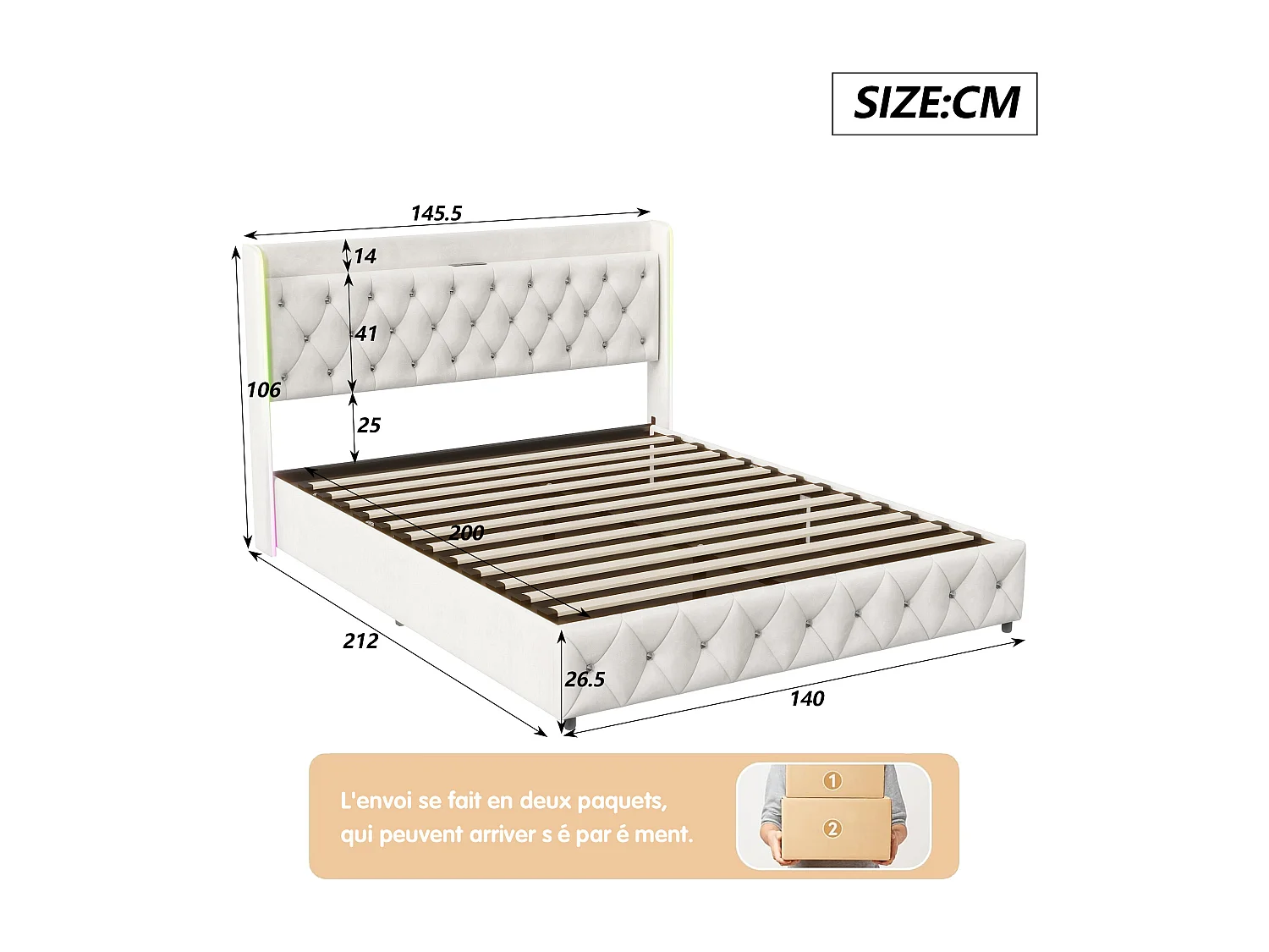 Lit coffre 140x190 cm - Lit adulte 140x190 cm avec sommier - Ports USB intégrés - Tissu velours - LED intégrée - 2 Places