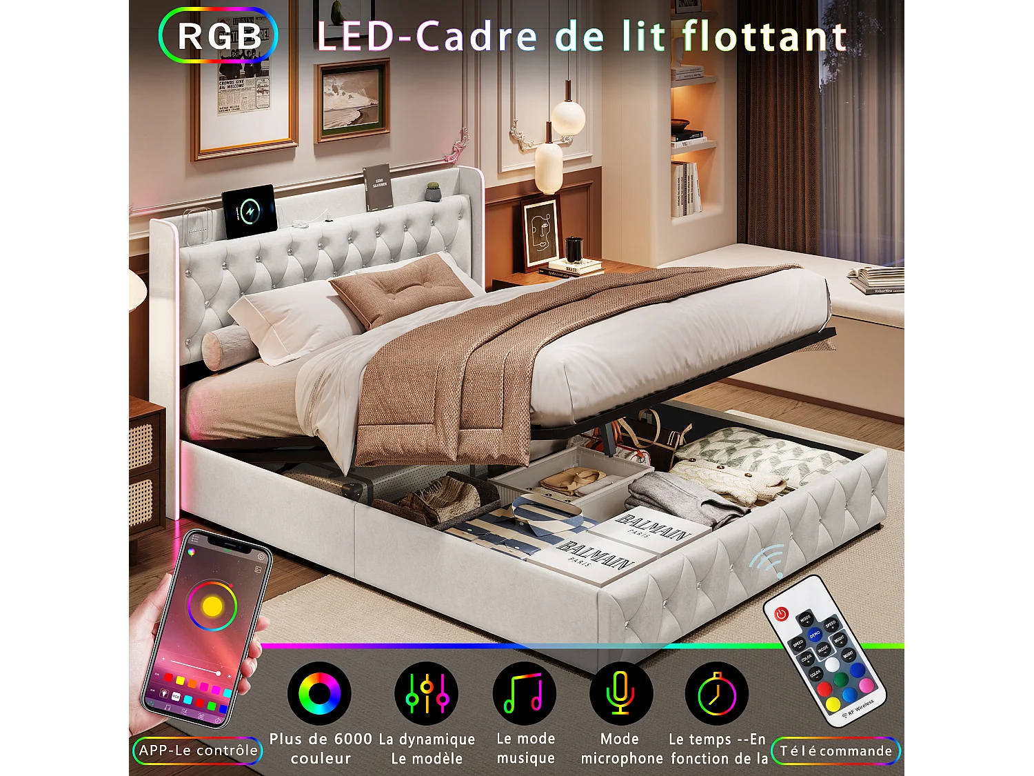 Lit coffre 140x190 cm - Lit adulte 140x190 cm avec sommier - Ports USB intégrés - Tissu velours - LED intégrée - 2 Places