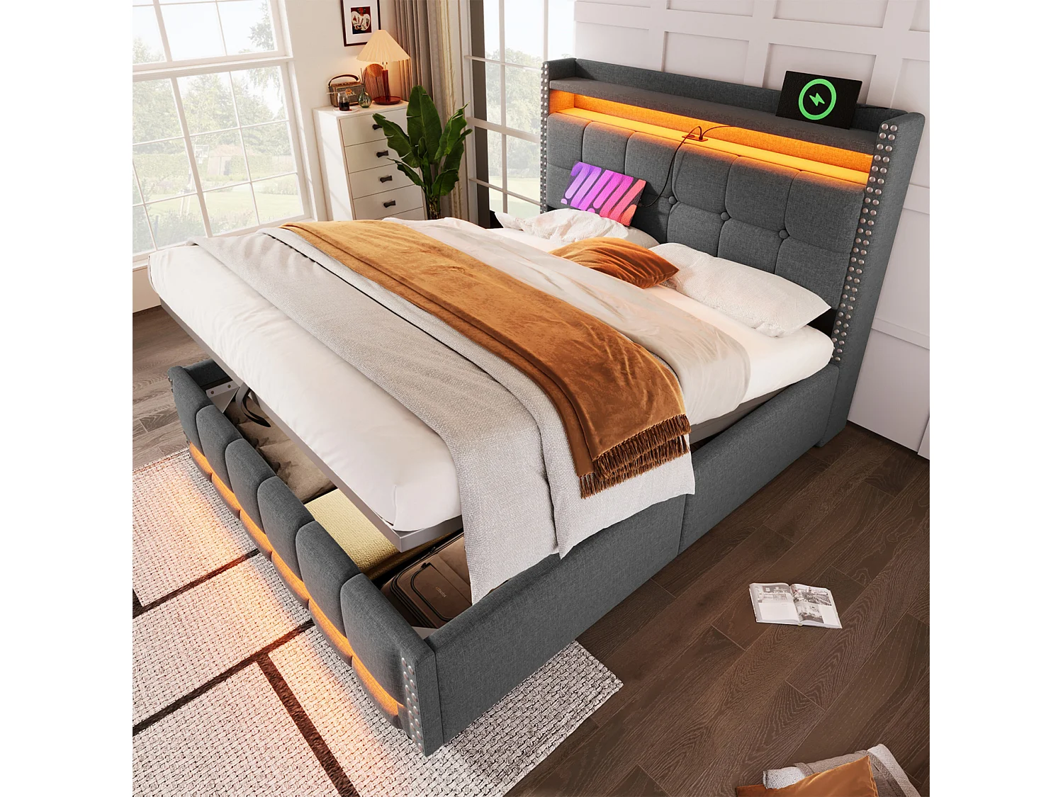 Lit coffre 160 x 200 cm - Lit double capitonné avec tête de lit rembourrée, sommier à lattes, LED intégrée et port USB - Gris