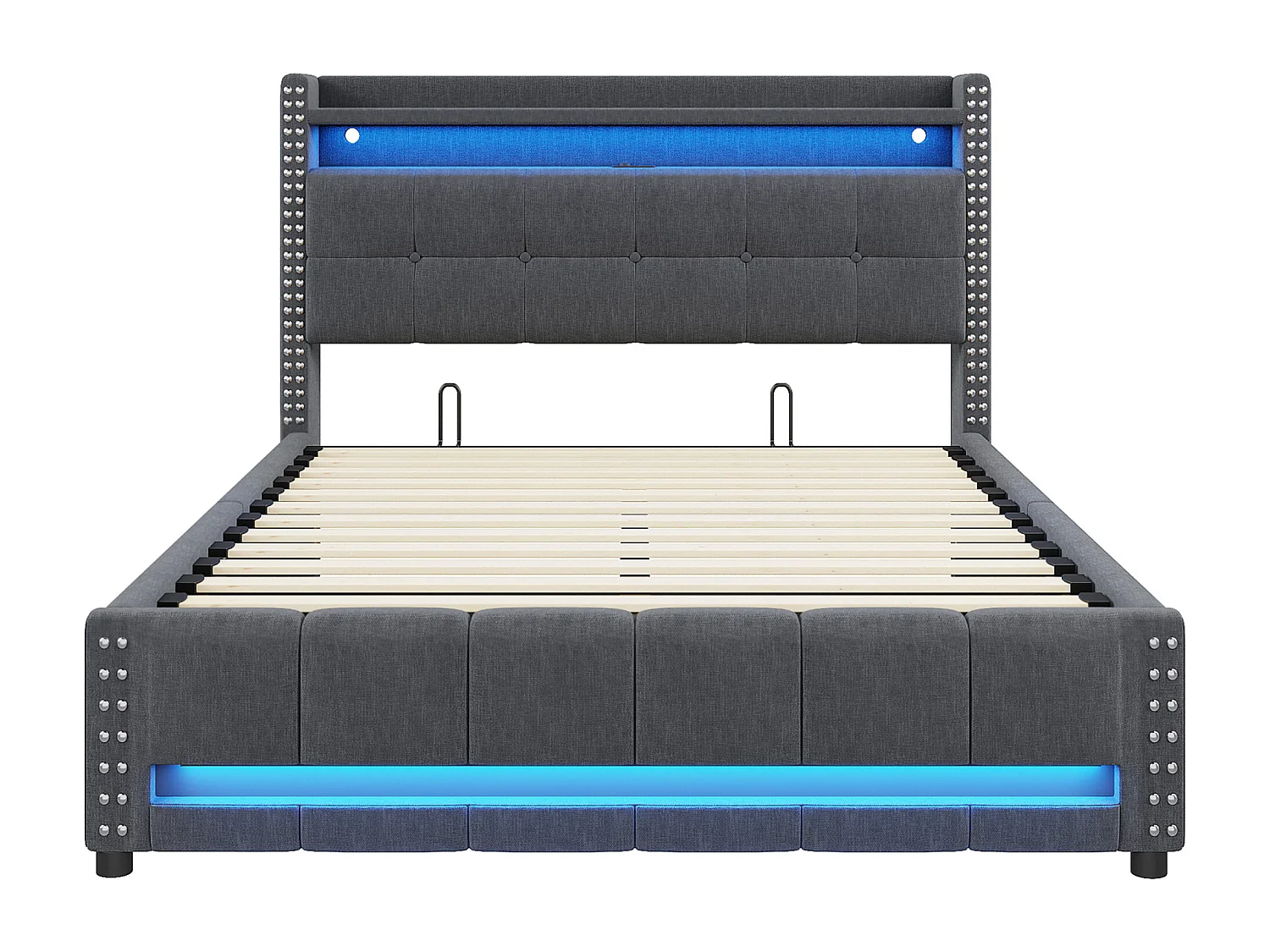 Lit coffre 160 x 200 cm - Lit double capitonné avec tête de lit rembourrée, sommier à lattes, LED intégrée et port USB - Gris