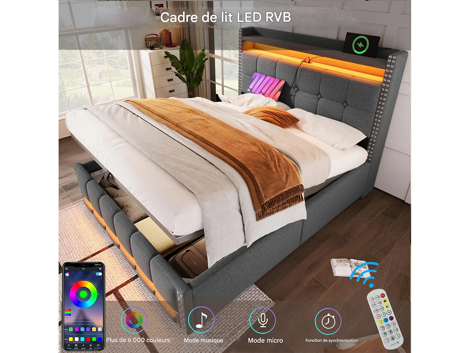 Lit coffre 160 x 200 cm - Lit double capitonné avec tête de lit rembourrée, sommier à lattes, LED intégrée et port USB - Gris