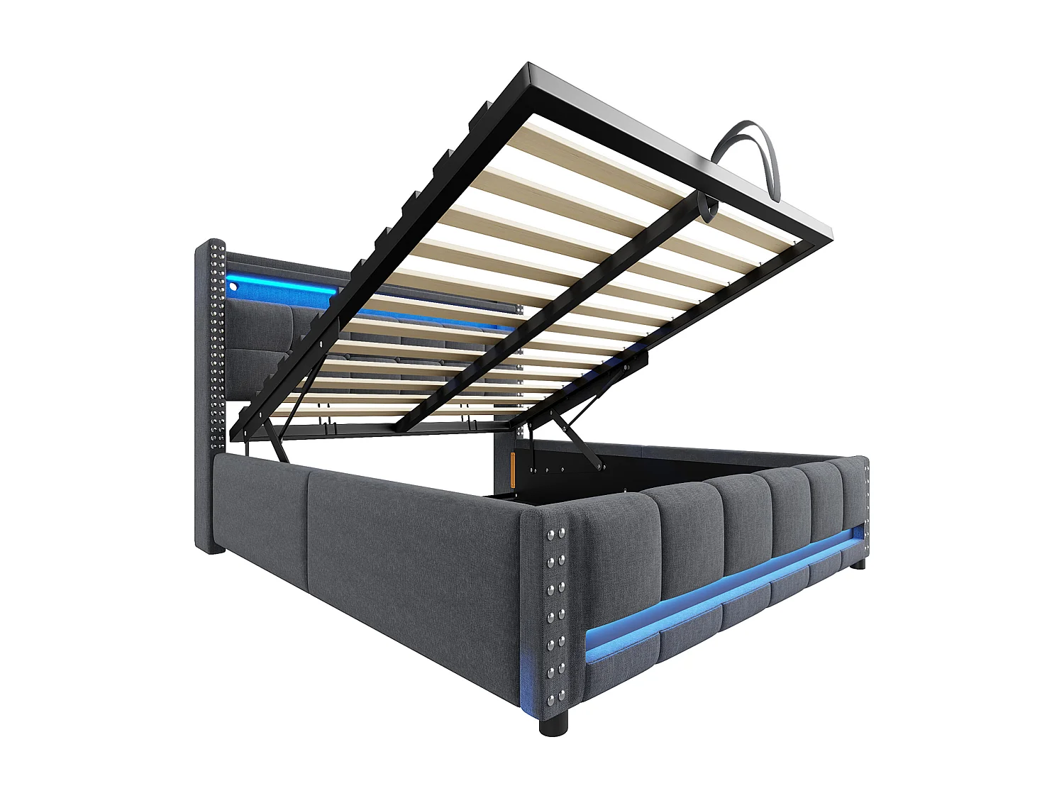 Lit coffre 160 x 200 cm - Lit double capitonné avec tête de lit rembourrée, sommier à lattes, LED intégrée et port USB - Gris