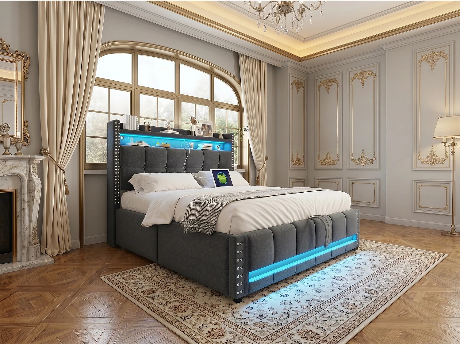 Lit coffre 160 x 200 cm - Lit double capitonné avec tête de lit rembourrée, sommier à lattes, LED intégrée et port USB - Gris
