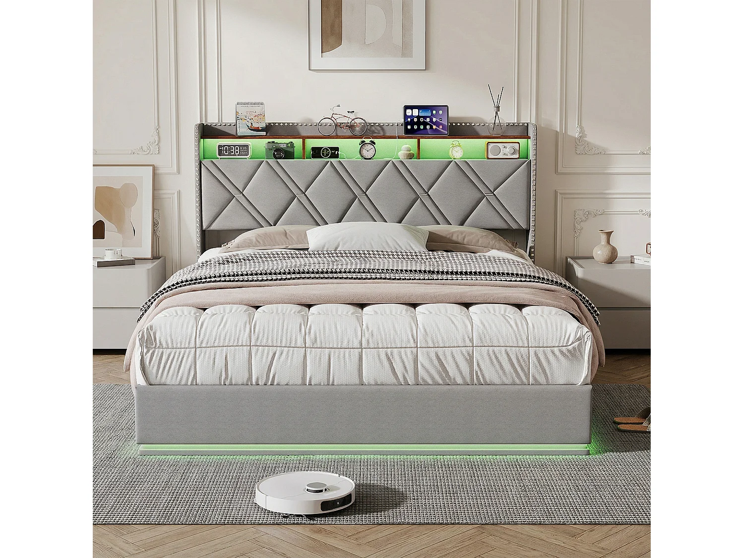 Lit 160x200 cm - NEXU - lit coffre - USB et LED - Tête de lit et cadre de lit à lattes - Lin gris - 2 places