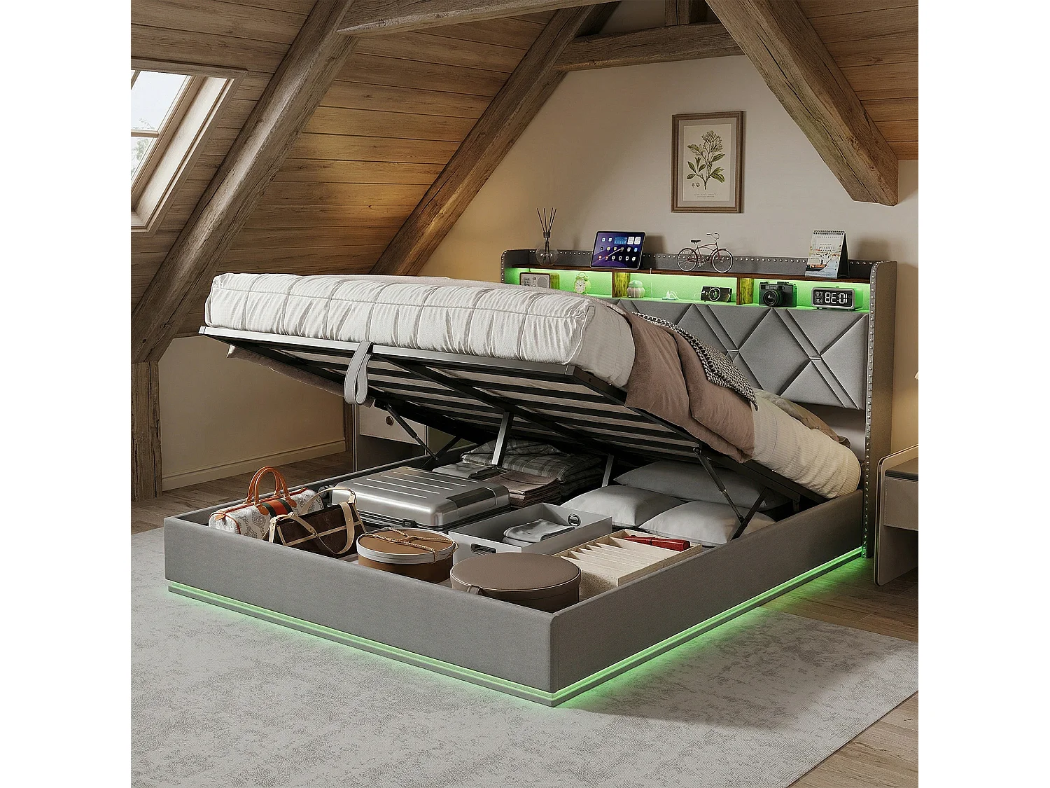 Lit 160x200 cm - NEXU - lit coffre - USB et LED - Tête de lit et cadre de lit à lattes - Lin gris - 2 places