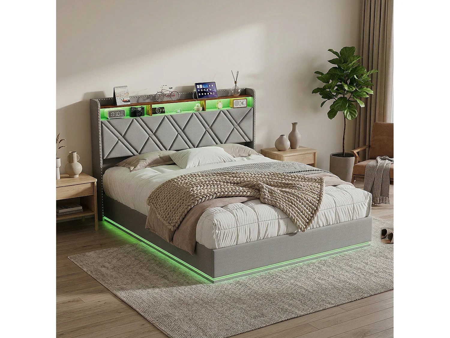 Lit 160x200 cm - NEXU - lit coffre - USB et LED - Tête de lit et cadre de lit à lattes - Lin gris - 2 places