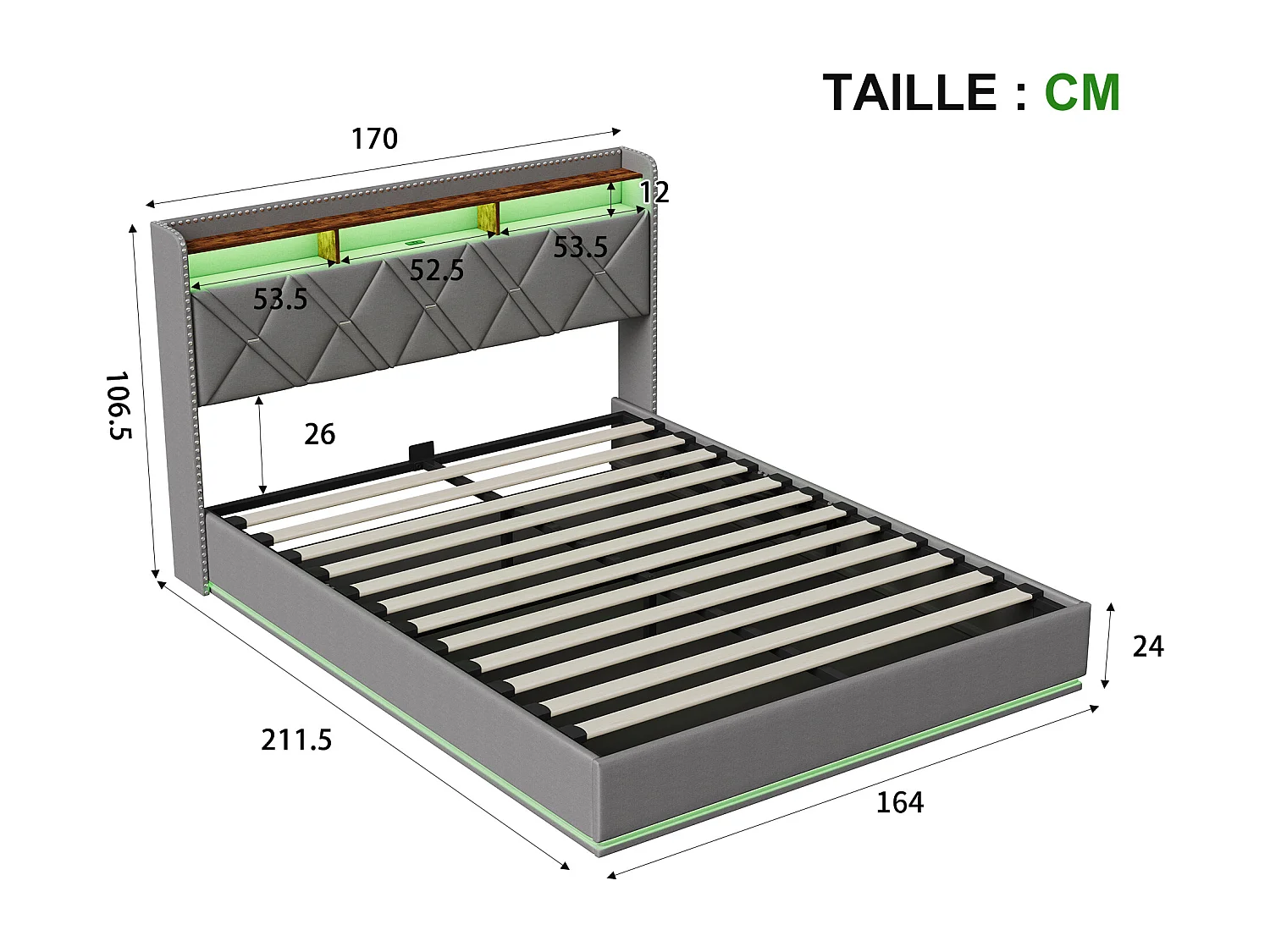 Lit 160x200 cm - NEXU - lit coffre - USB et LED - Tête de lit et cadre de lit à lattes - Lin gris - 2 places