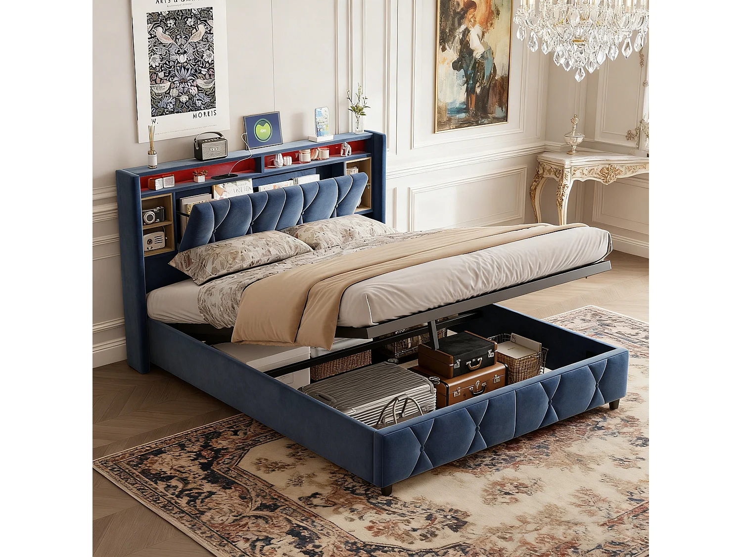 Lit coffre 140x190 - POCKETPOP - Velours gris - Tête de lit avec led et usb - Cadre de Lit avec Sommier à Lattes en Bois - 2 places