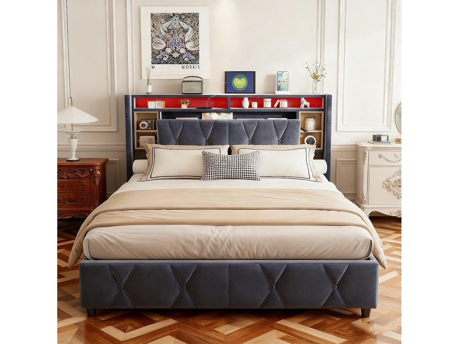 Lit coffre 140x190 - POCKETPOP - Velours gris - Tête de lit avec led et usb - Cadre de Lit avec Sommier à Lattes en Bois - 2 places
