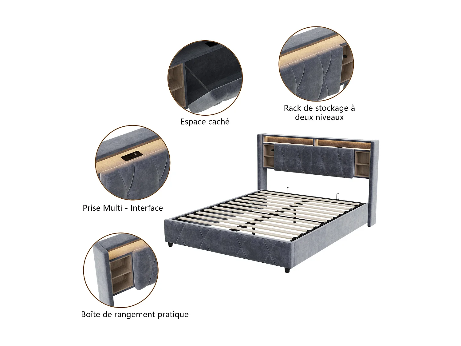 Lit coffre 140x190 - POCKETPOP - Velours gris - Tête de lit avec led et usb - Cadre de Lit avec Sommier à Lattes en Bois - 2 places