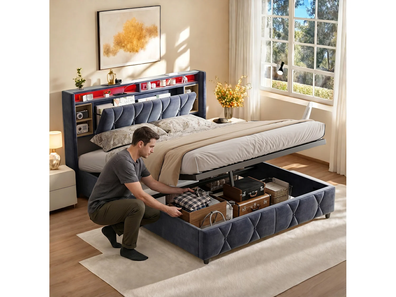 Lit coffre 2 places 140x190 cm avec tête de lit LED et USB, sommier à lattes en bois, velours gris