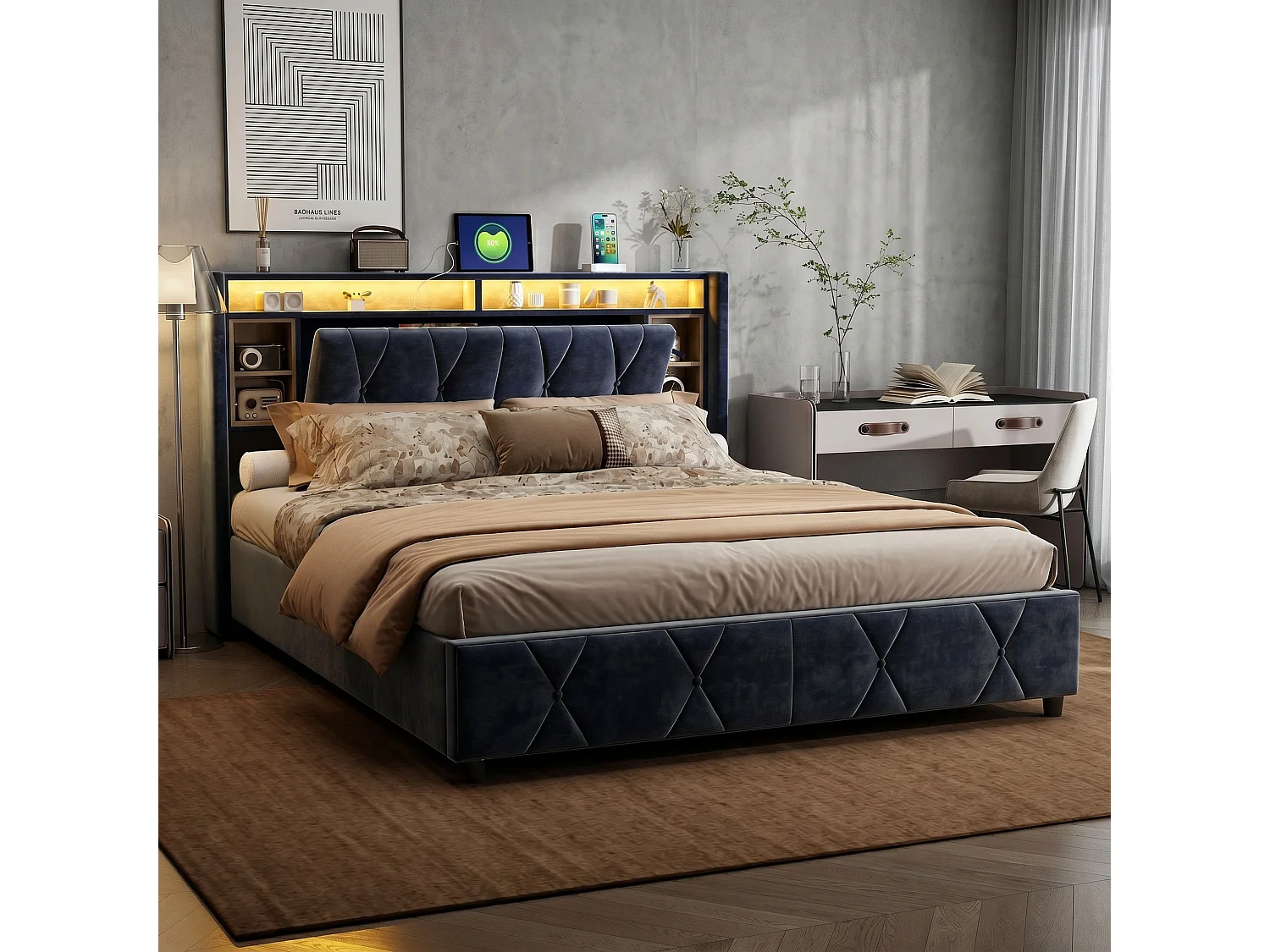 Lit coffre 2 places 140x190 cm avec tête de lit LED et USB, sommier à lattes en bois, velours gris