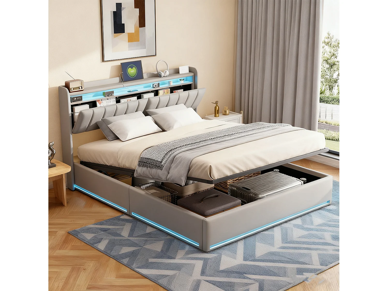 Structure de lit,NEXU,140x190 cm,avec rangement hydraulique,tissu en velours,cadre de lit 140x190 cm,Gris