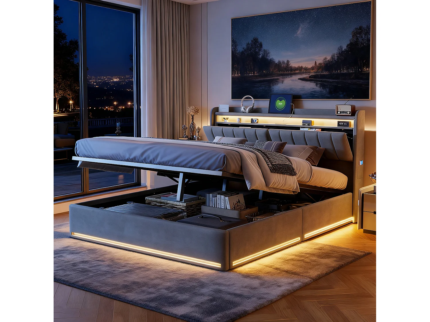 Structure de lit,NEXU,140x190 cm,avec rangement hydraulique,tissu en velours,cadre de lit 140x190 cm,Gris
