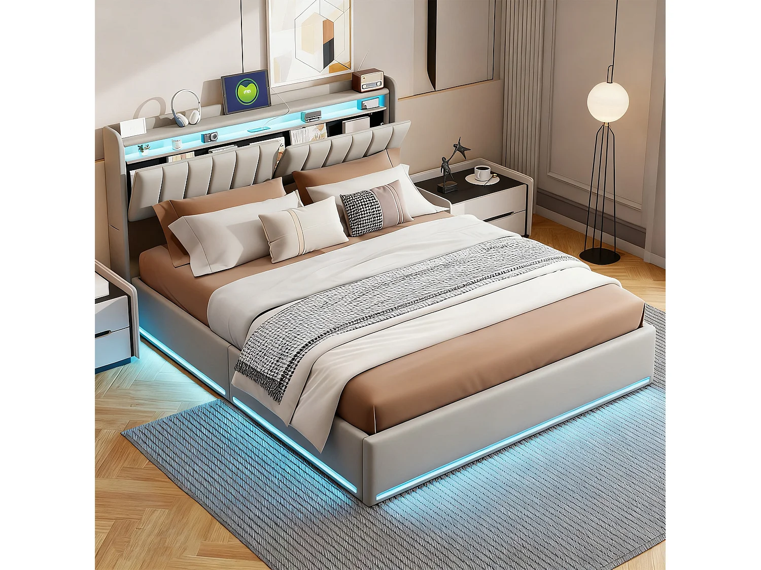 Structure de lit,NEXU,140x190 cm,avec rangement hydraulique,tissu en velours,cadre de lit 140x190 cm,Gris