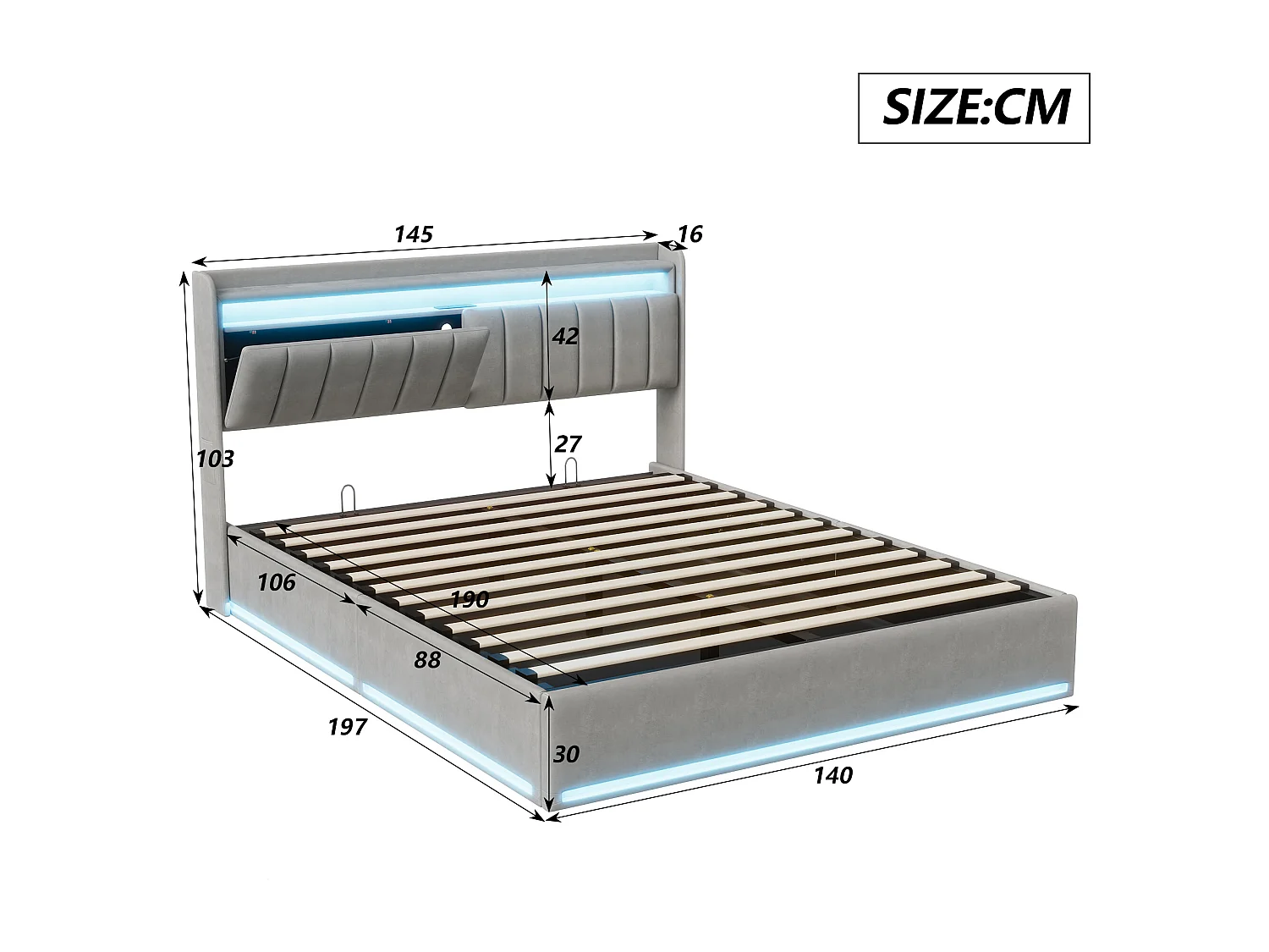 Structure de lit,NEXU,140x190 cm,avec rangement hydraulique,tissu en velours,cadre de lit 140x190 cm,Gris