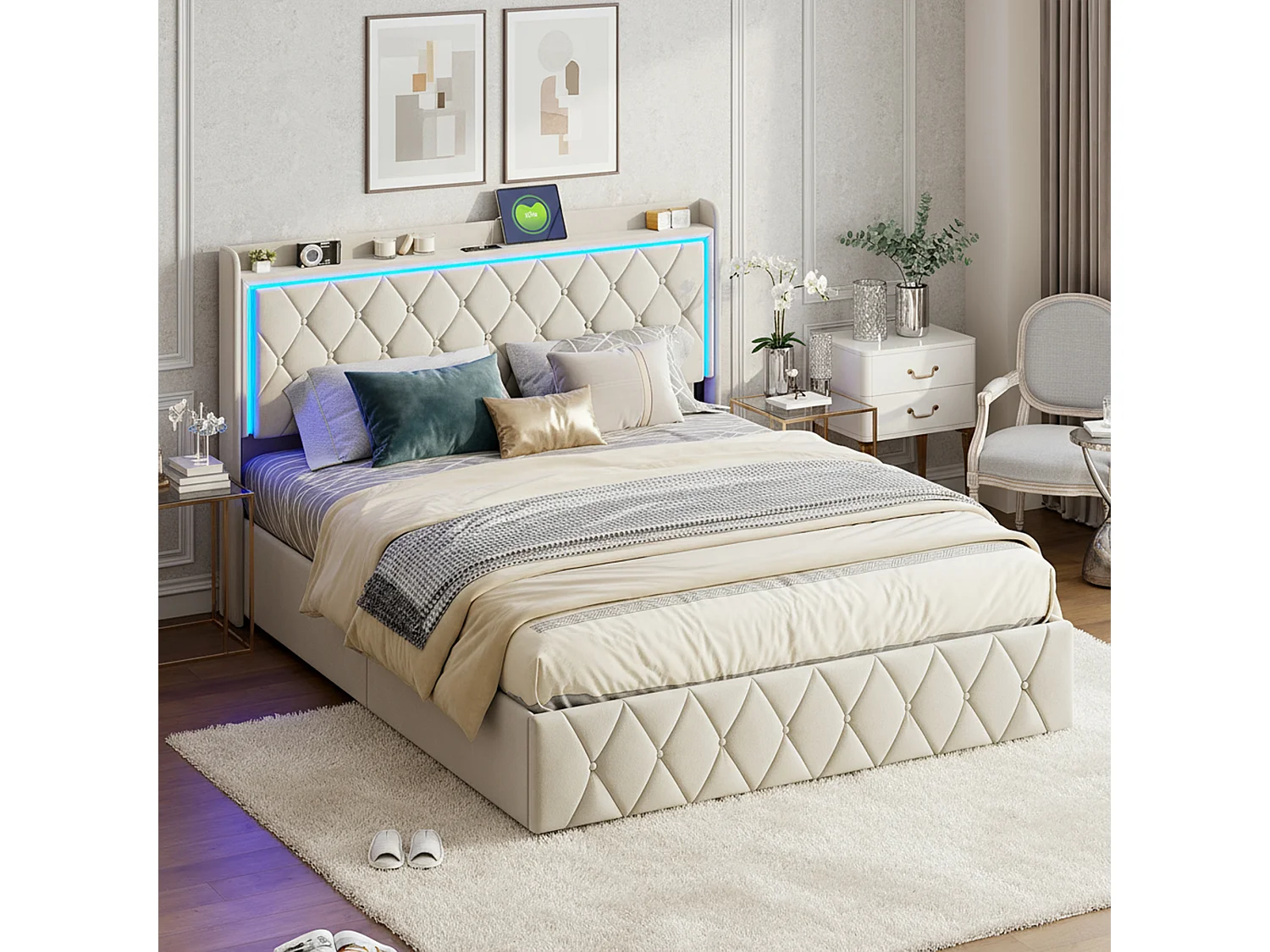 Structure de lit,NEXU,140x190 cm,avec rangement hydraulique,tissu en velours,cadre de lit 140x190 cm,Beige