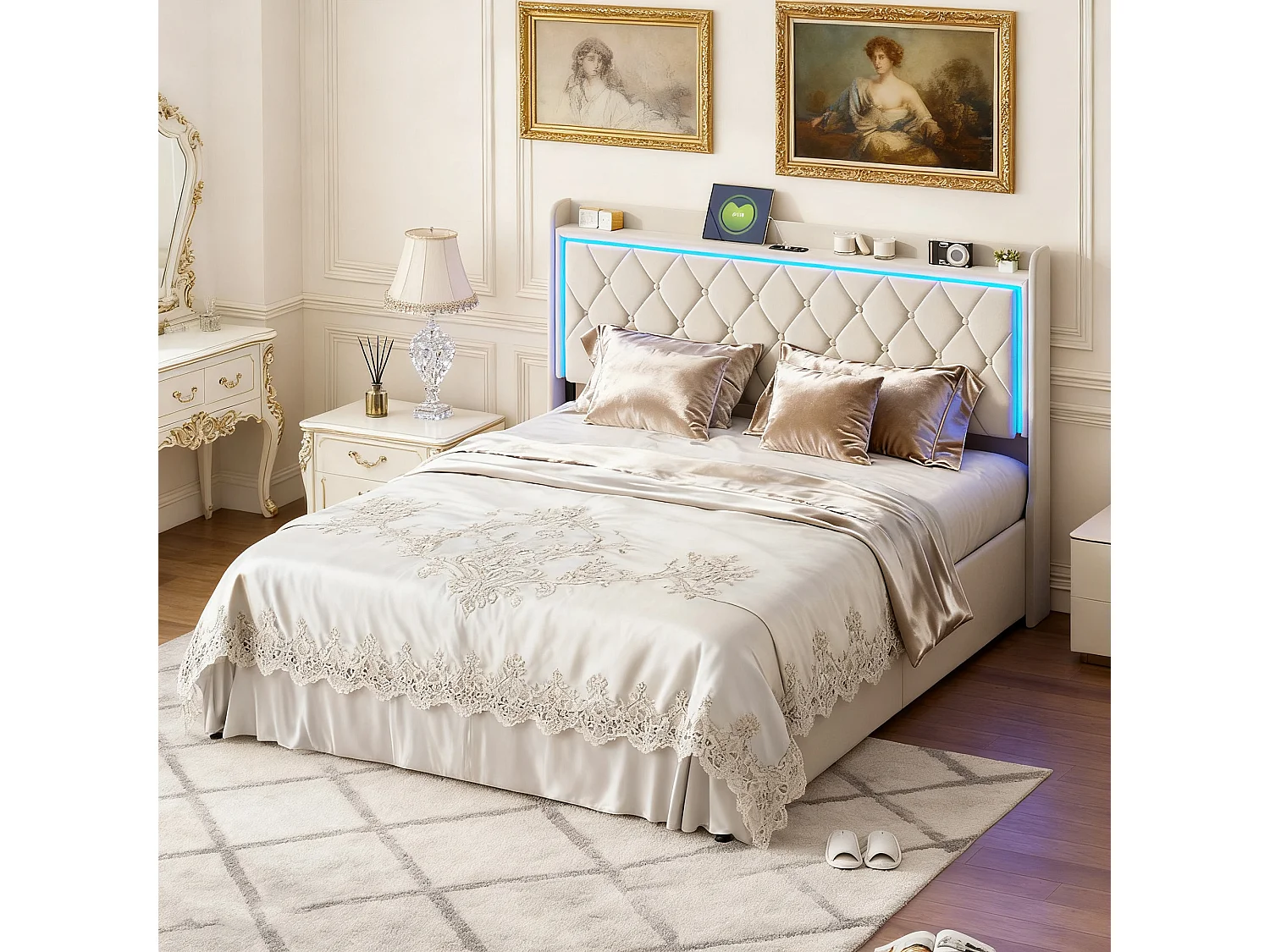 Structure de lit,NEXU,140x190 cm,avec rangement hydraulique,tissu en velours,cadre de lit 140x190 cm,Beige