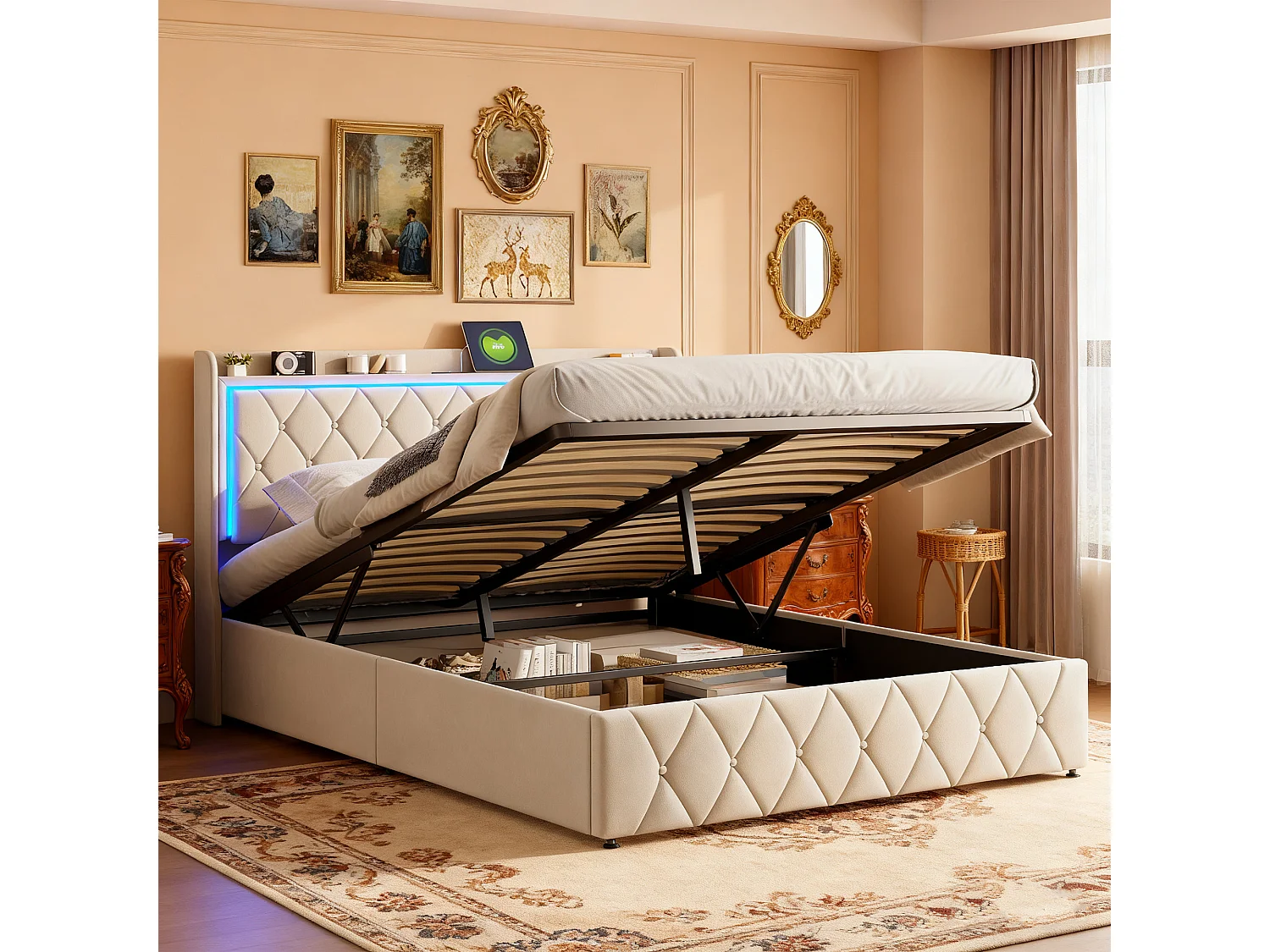 Structure de lit,NEXU,140x190 cm,avec rangement hydraulique,tissu en velours,cadre de lit 140x190 cm,Beige