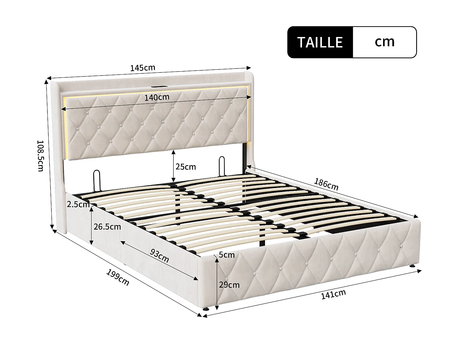 Structure de lit,NEXU,140x190 cm,avec rangement hydraulique,tissu en velours,cadre de lit 140x190 cm,Beige