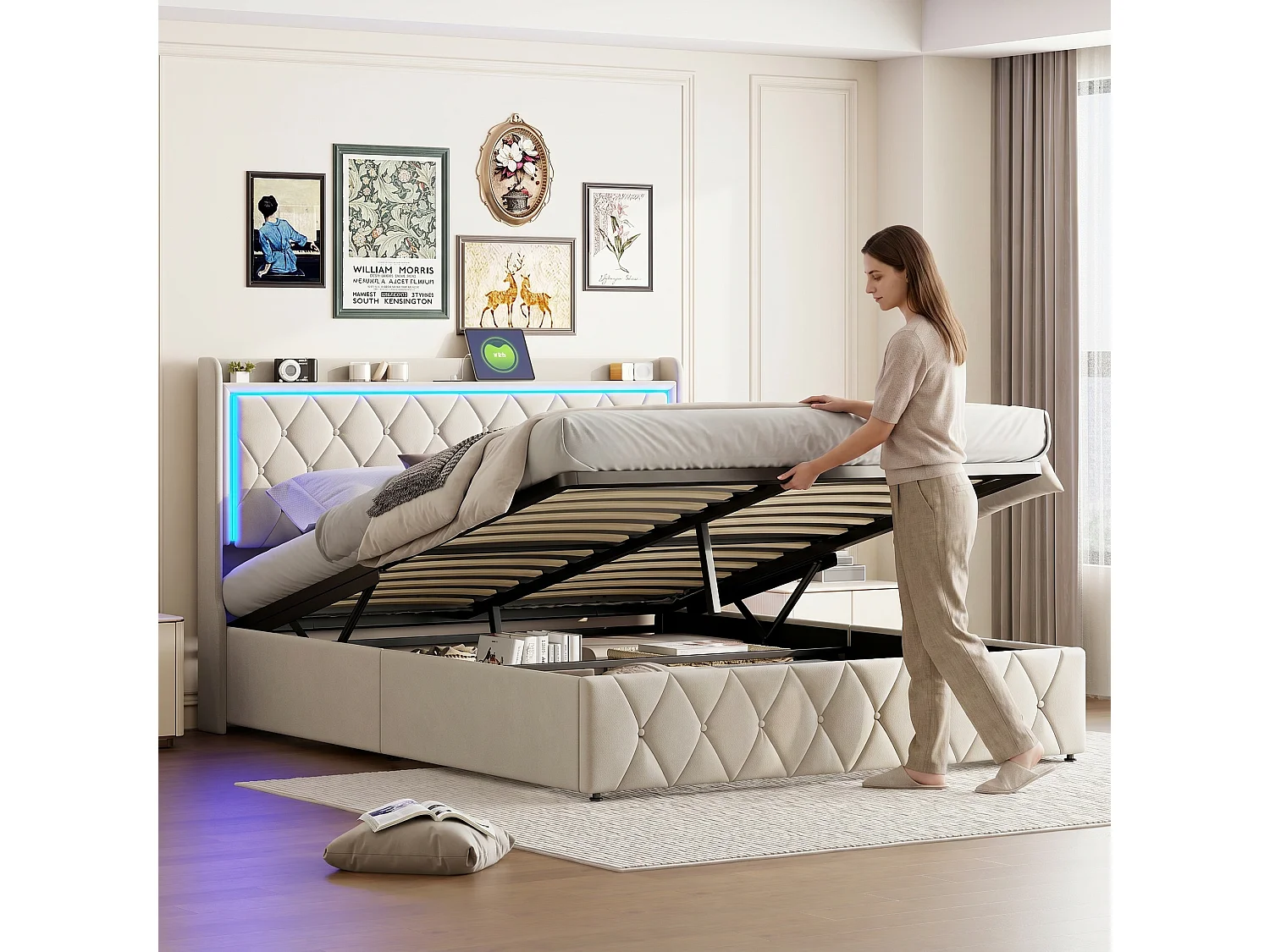 NEXU Lit coffre 140x190 cm avec rangement hydraulique, cadre rembourré en velours beige