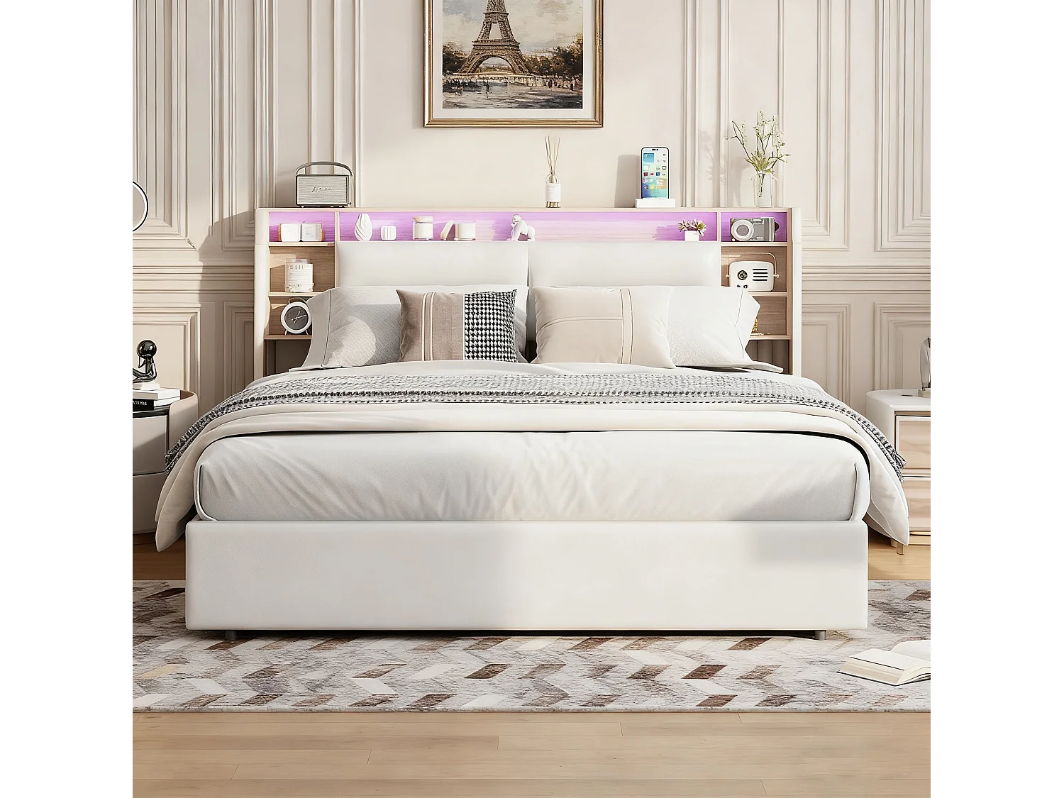 Lit 160x200 cm - LED - lit coffre 160x200 cm - Contemporain - cadre de lit adulte 160x200 cm - PU - Blanc