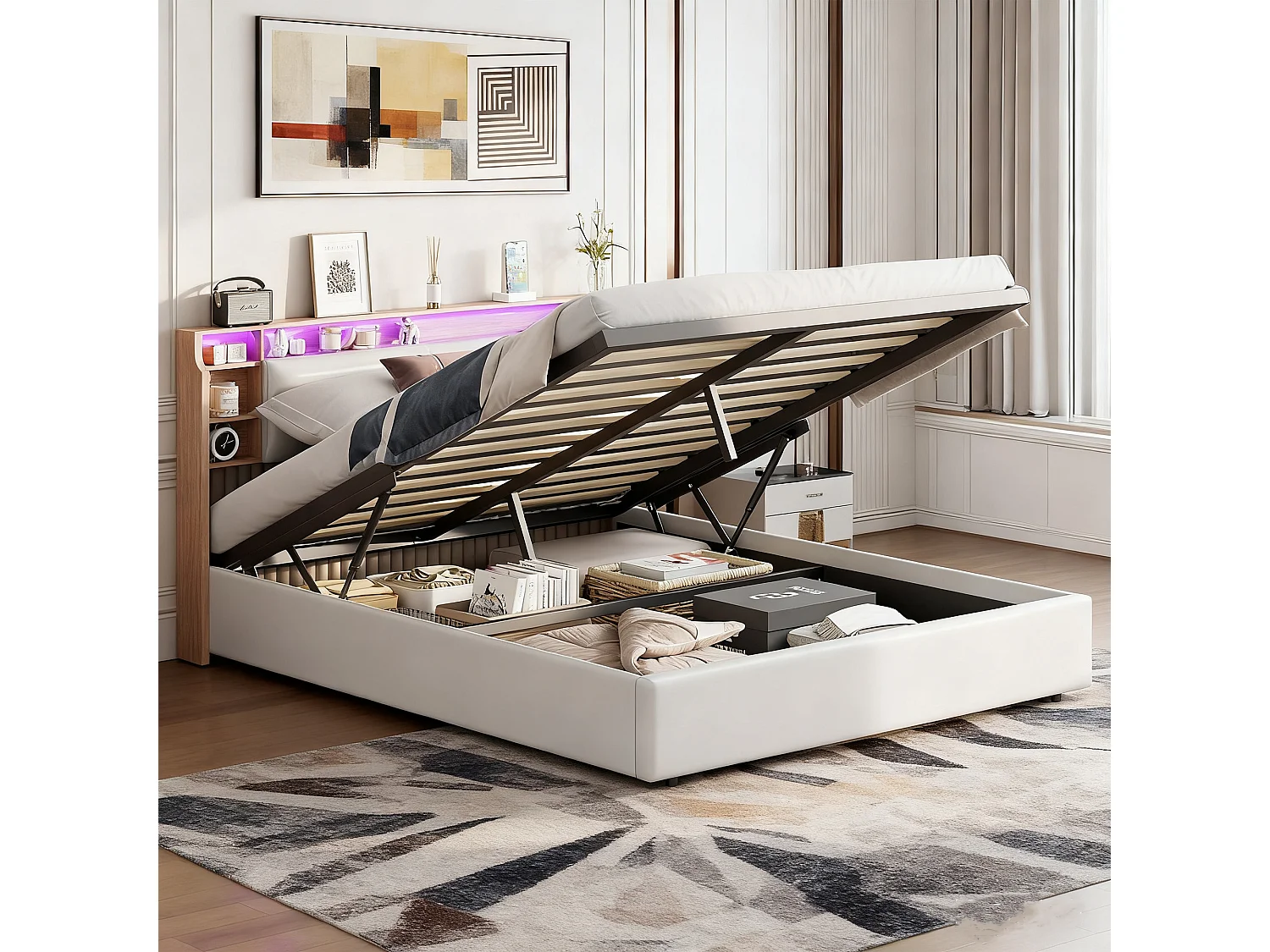 Lit 160x200 cm - LED - lit coffre 160x200 cm - Contemporain - cadre de lit adulte 160x200 cm - PU - Blanc