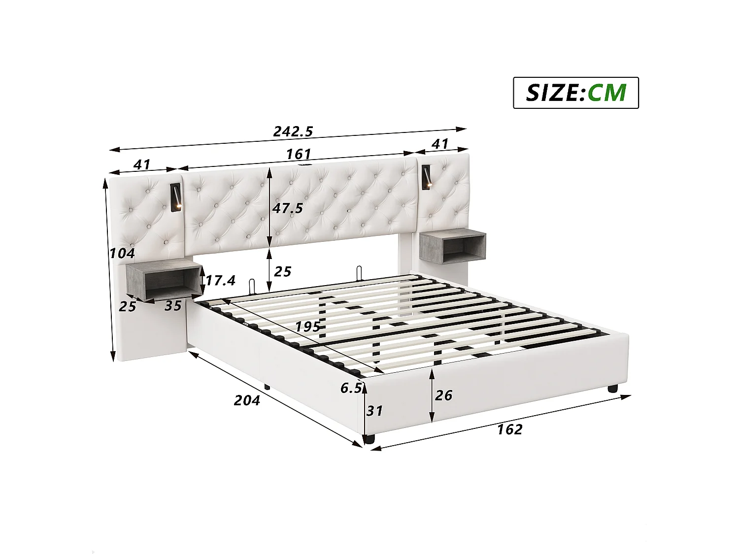 Opbergbed van 160 x 200 cm met lattenbodem - Volwassenenbed met opbergruimte - Hydraulisch bed van 160 x 200 cm met opbergruimte onder het bed