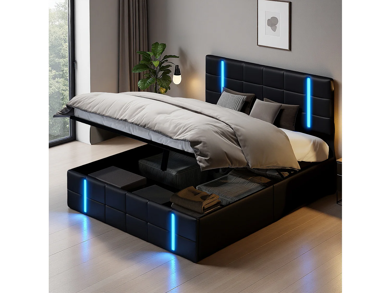 Lit coffre 140x190 cm - NEXU - Double USB - RGB LED - hydraulique - cadre de lit 140x190 cm - matériau PU - Noir
