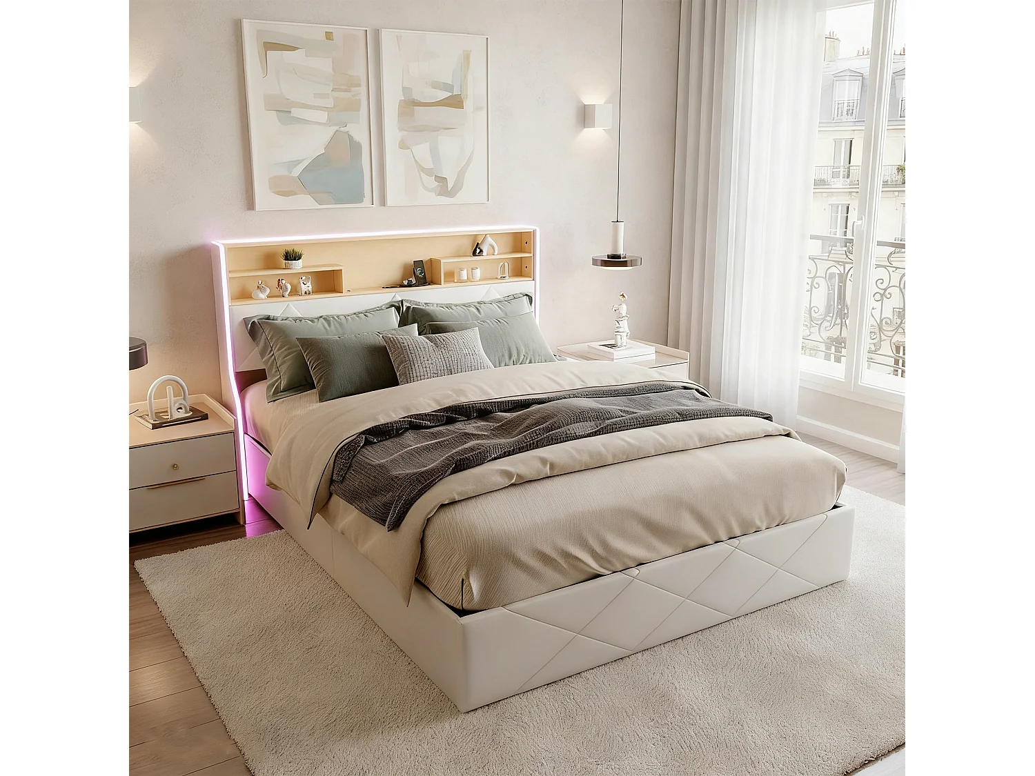 Lit Coffre 160 x 200 CM avec Sommier - Lit Double Rangement avec LED et USB-Lit Hydraulique 160 x 200 avec Rangement sous le lit