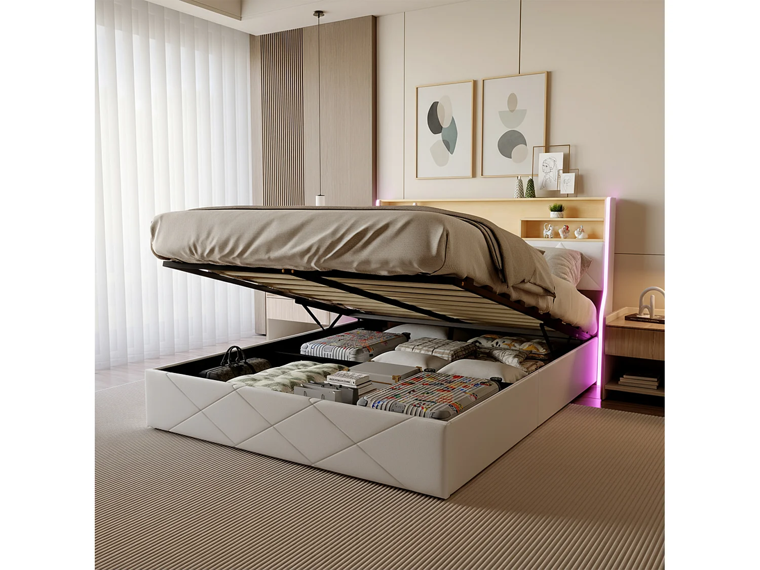 Lit Coffre 160 x 200 CM avec Sommier - Lit Double Rangement avec LED et USB-Lit Hydraulique 160 x 200 avec Rangement sous le lit