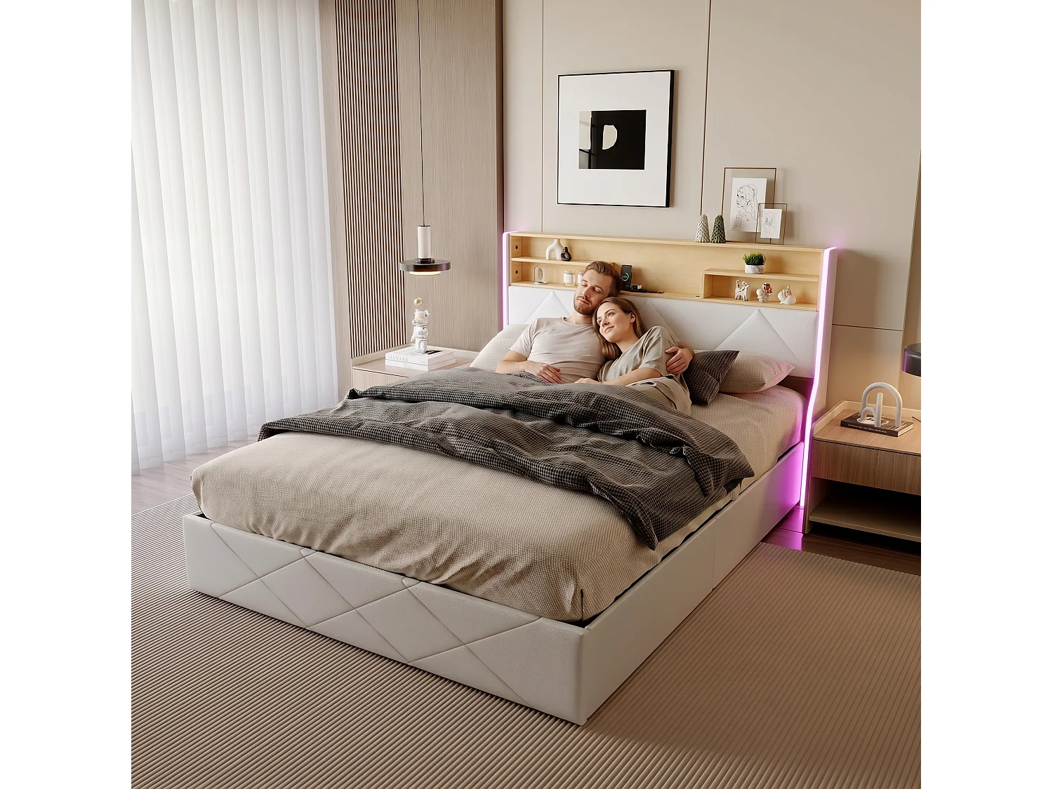 Lit coffre 160x200 cm design - Lit double adulte avec sommier à lattes, tête de lit LED, port USB et espace de rangement hydraulique