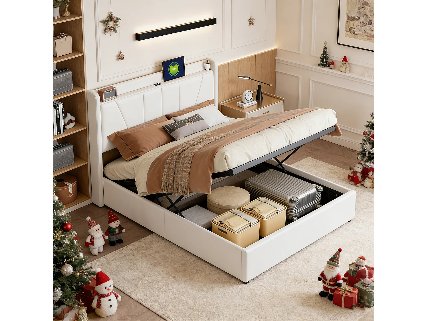 Opbergbed van 140x190 cm met lattenbodem, bed van 140x190 cm met opbergruimte, USB- en Type-C-poorten, eenvoudige lijnen, linnen, beige
