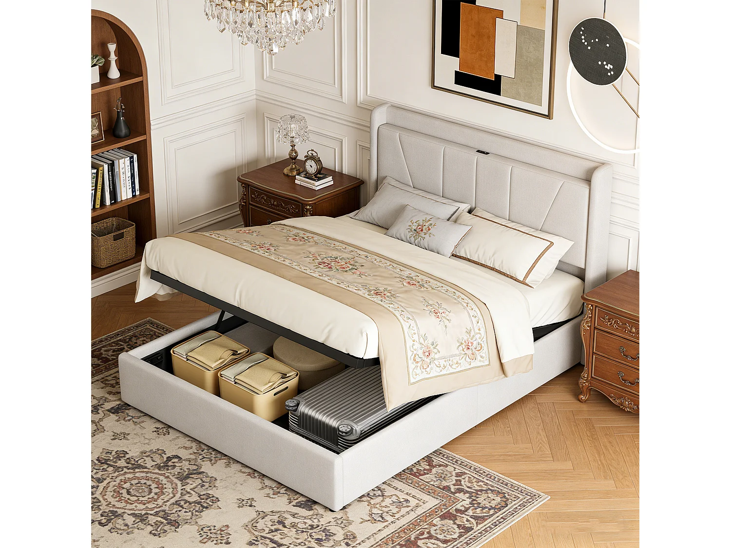 Opbergbed van 140x190 cm met lattenbodem, bed van 140x190 cm met opbergruimte, USB- en Type-C-poorten, eenvoudige lijnen, linnen, beige