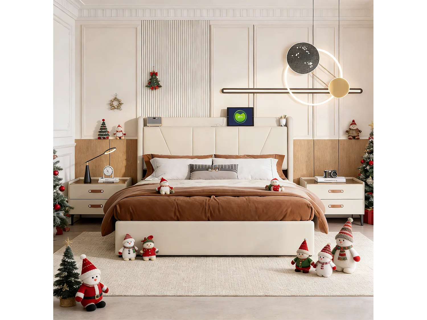 Opbergbed van 140x190 cm met lattenbodem, bed van 140x190 cm met opbergruimte, USB- en Type-C-poorten, eenvoudige lijnen, linnen, beige