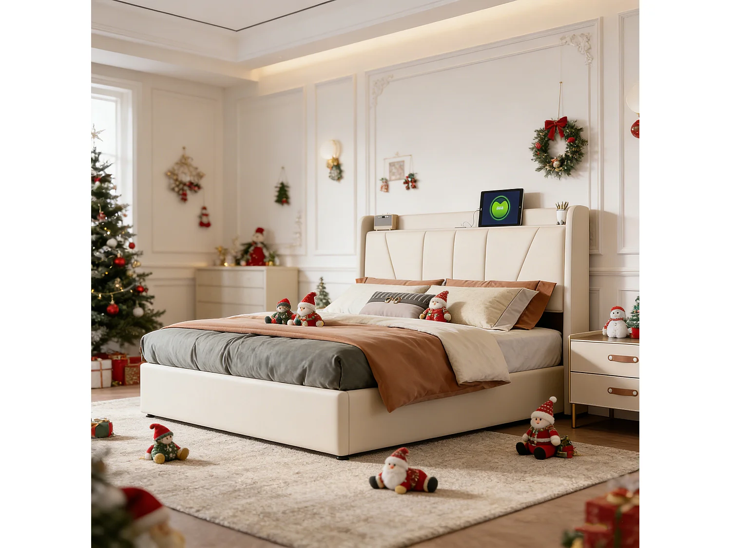 Opbergbed van 140x190 cm met lattenbodem, bed van 140x190 cm met opbergruimte, USB- en Type-C-poorten, eenvoudige lijnen, linnen, beige