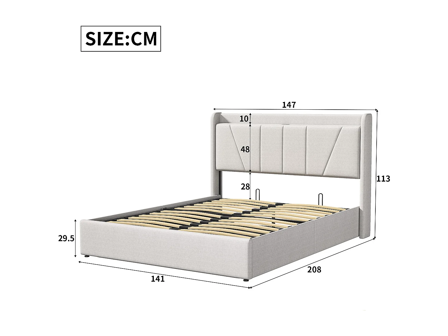 Opbergbed van 140x190 cm met lattenbodem, bed van 140x190 cm met opbergruimte, USB- en Type-C-poorten, eenvoudige lijnen, linnen, beige