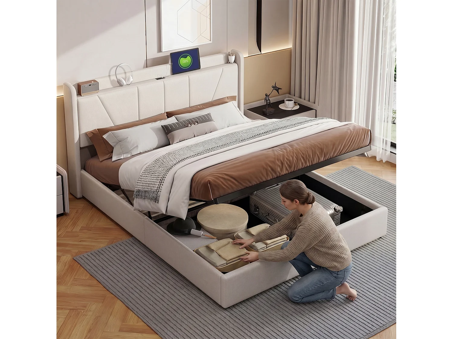 Lit coffre 140 x 190 cm - Lit double avec sommier à lattes, rangement, ports USB et Type-C - tissu effet lin beige